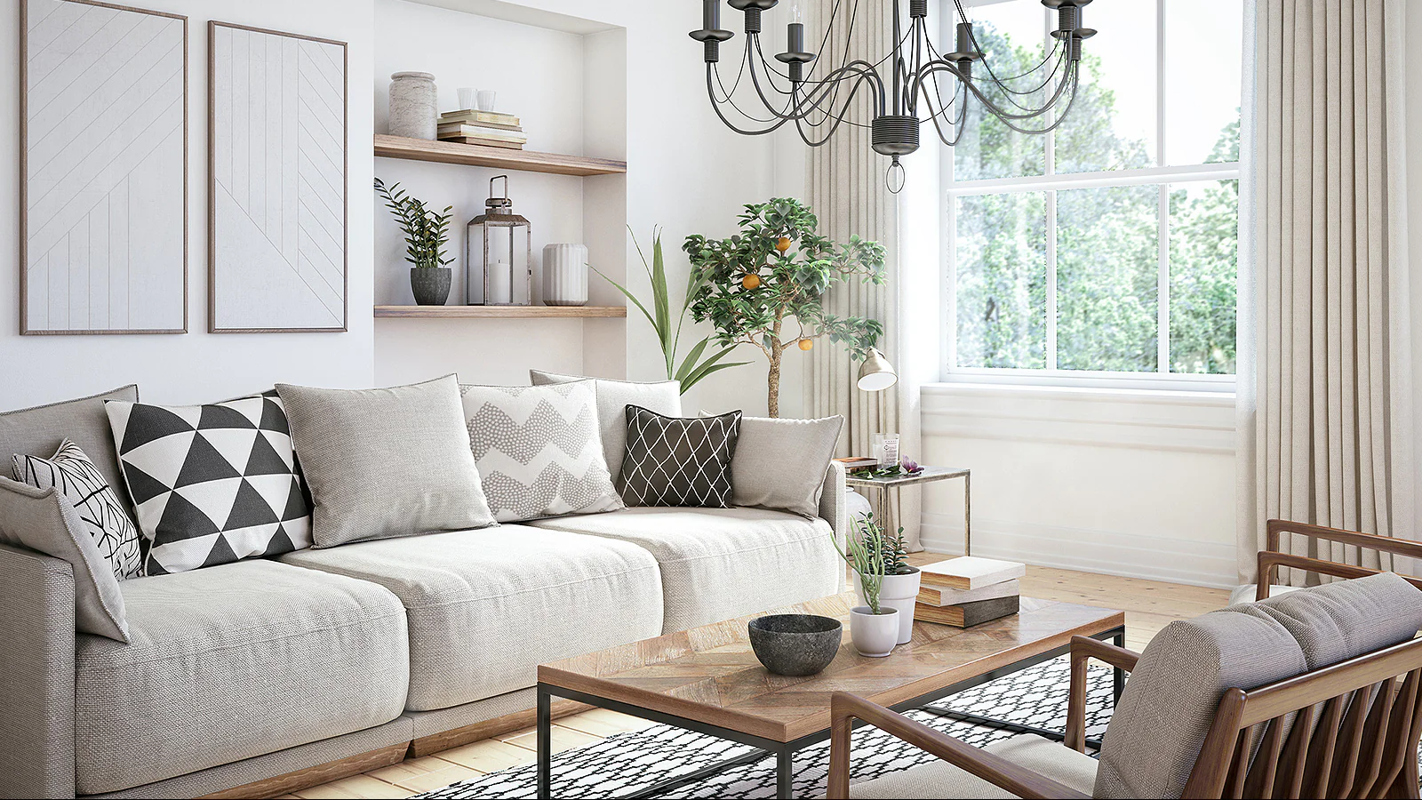 Living room with white sofa and chandelier