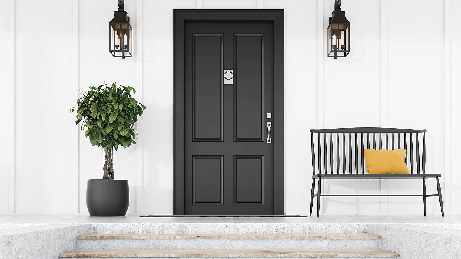 Black Door with light lamp, chair and plant
