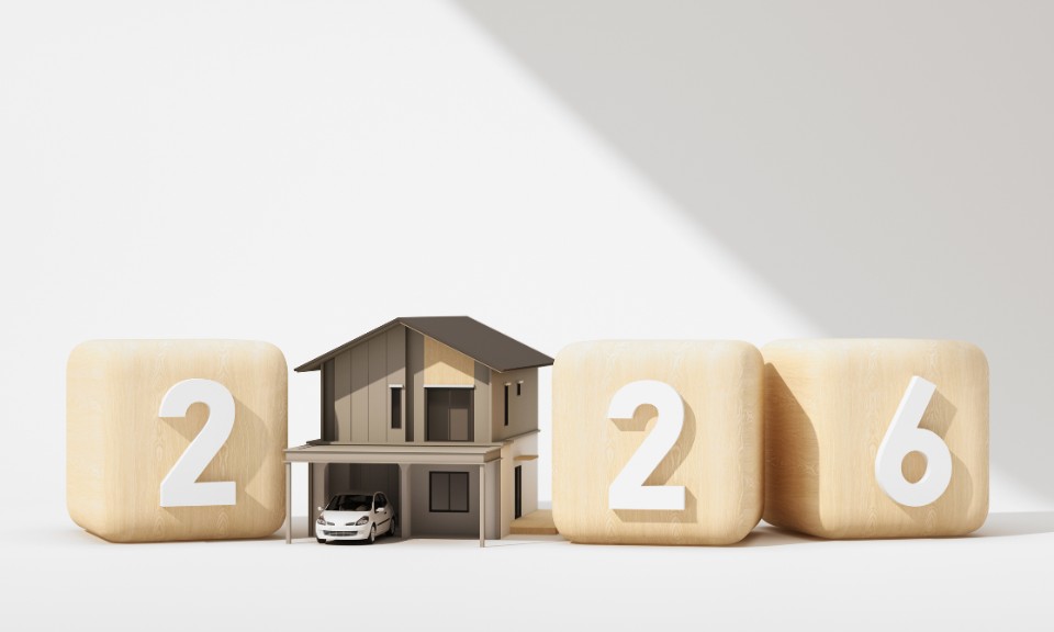 Modern two-story house surrounded by wooden number blocks